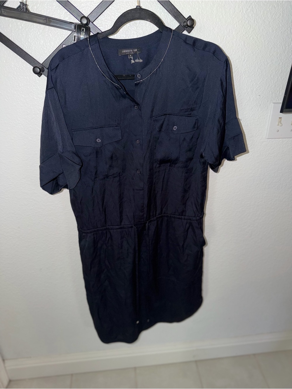 Lafayette 148 New York Navy Utility Shirt Dress Size M Short Sleeve Midi Pockets - Picture 2 of 5